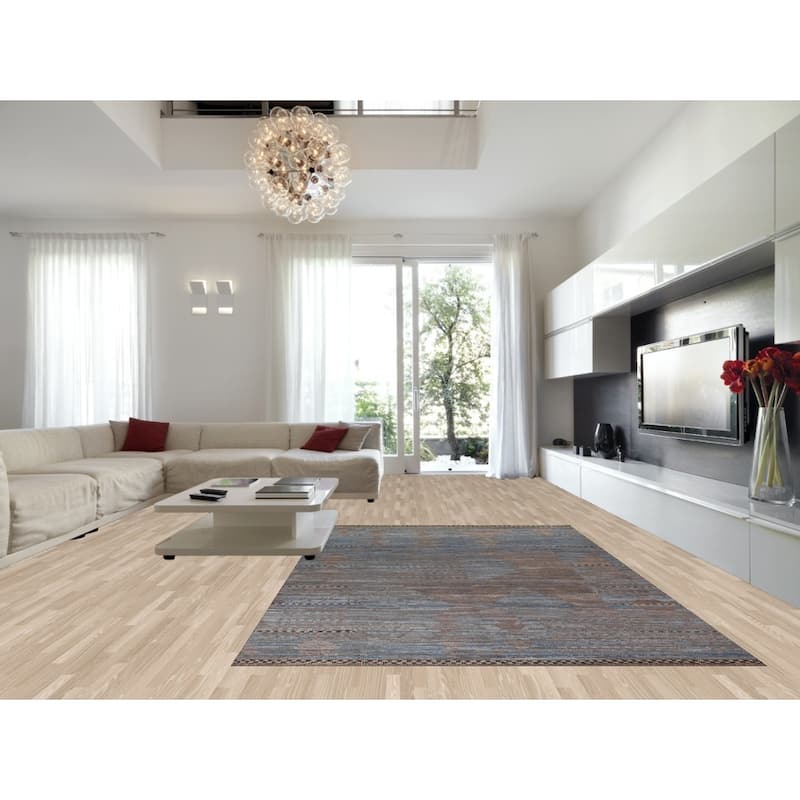 Blue Striped Moroccan Abstract Area Rug Hand-Knotted Wool Carpet - 8'0"x 12'7"