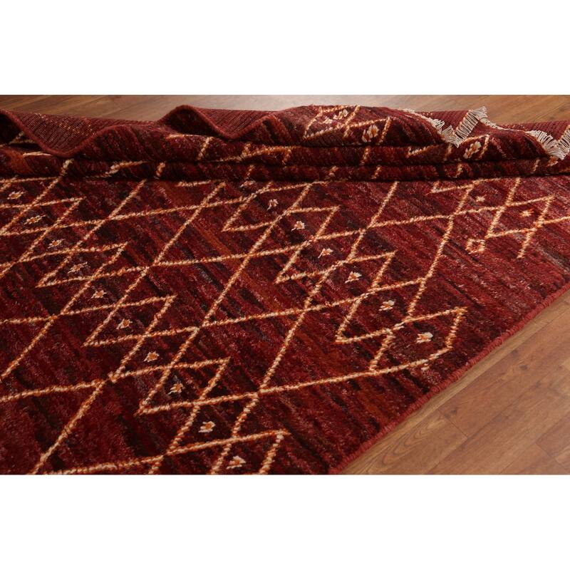 Hand Knotted Oriental 100% Wool Carpet Modern Tribal Red Moroccan Area Rug - 7' 8'' X 5' 7''
