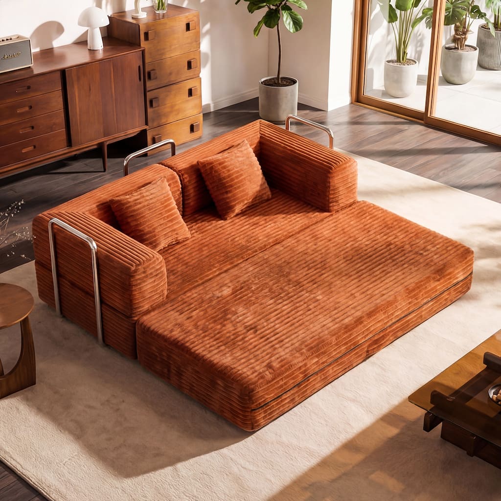 Convertible Floor Sofa Bed Boneless Corduroy Sofa, 78.7" Foldable Compressed Loveseat Lounge Sleeper 2 Seater Couches