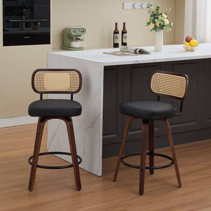 Set of 2 Counter Height Bar Stools - 26 inch Rattan Counter Height Stools,Upholstered Seat,Walnut Craftsmanship,Swivel Stools - Black