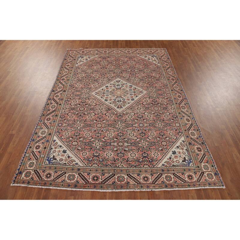 Geometric Pink Hamedan Vintage Persian Area Rug Handmade Wool Carpet - 7'5" x 10'4"