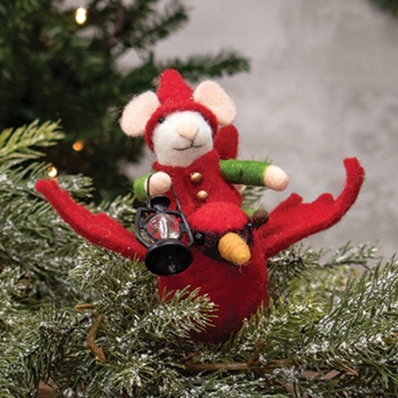 Mouse on Flying Cardinal Felted Orament - Multi
