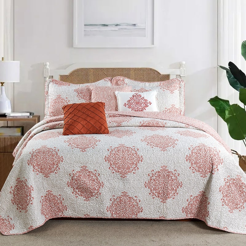 Serenta 6-piece Chelsea Printed Microfiber Quilts Coverlet Set - Coral - Queen