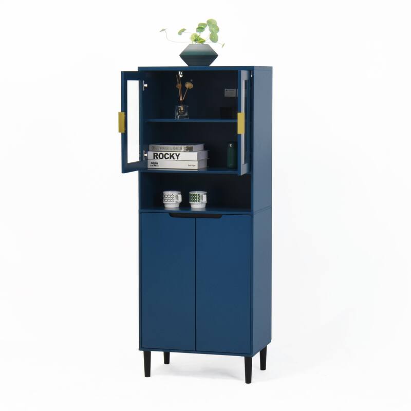 Tall Kitchen Pantry Cabinet with 2 Glass Display Doors & 2 Solid Doors