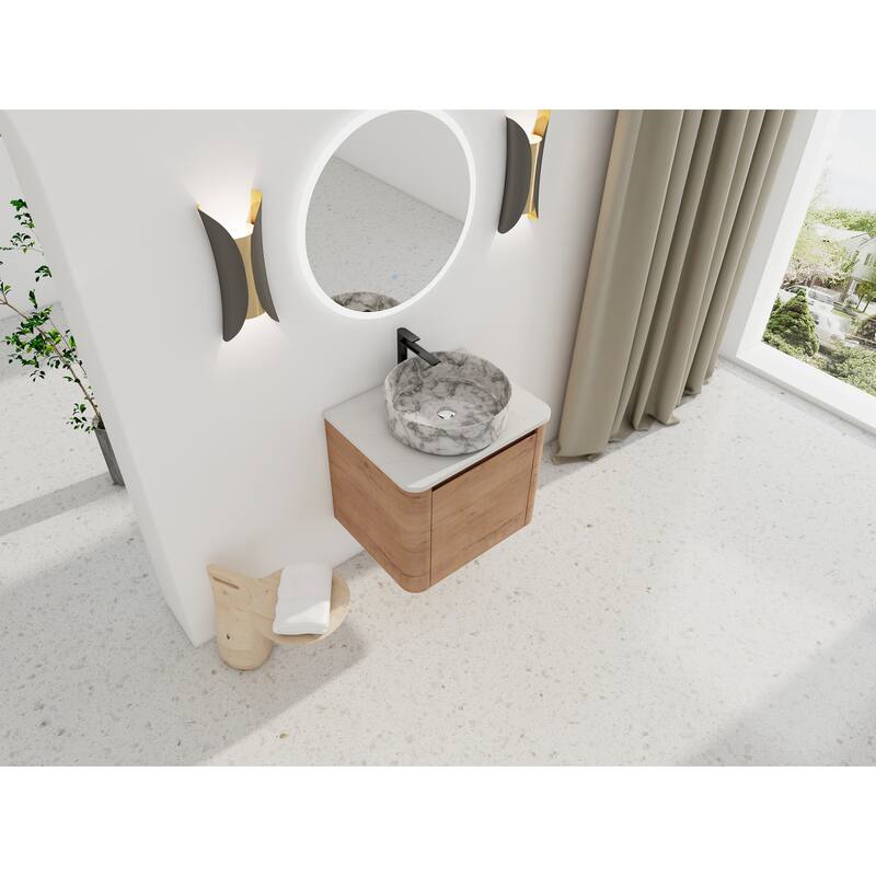 24'' Wall-Mounted Bathroom Vanity With Ceramic Art Sink & 1-Soft-Close Door,KD-Packing, Plywood