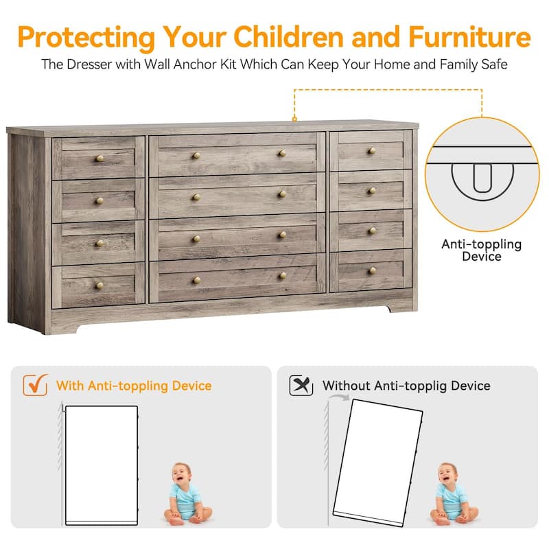 12 Drawer Dresser for Bedroom, Modern Wood Chest with Wide Top for 65" TV, Farmhouse Storage Cabinet