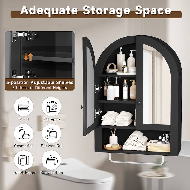Wall Mounted Arched Cabinet with Mirrored Doors and Adjustable Shelves for Laundry Room, Bathroom, Kitchen