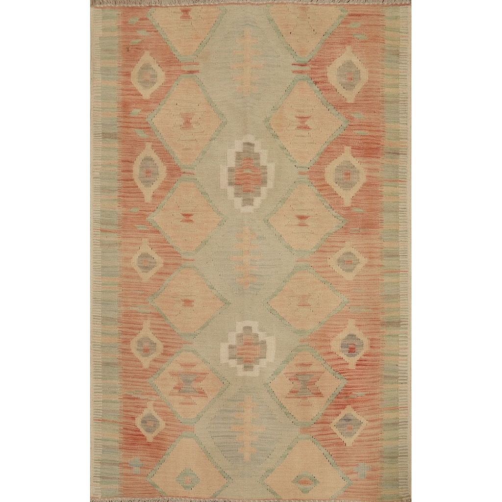 Hand Woven Oriental 100% Wool Carpet Southwestern Tribal Oranges & Rust Kilim Area Rug - 5' 8'' X 3' 11''