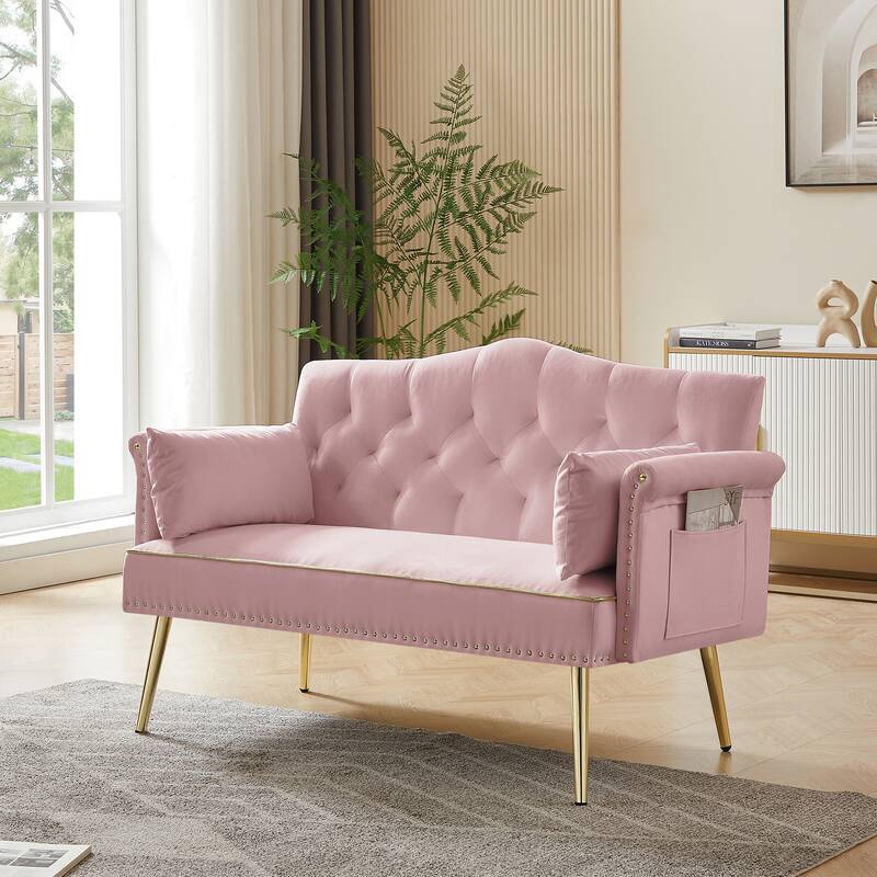 Contemporary 2-Seater Sofa with Tufted Design, Velvet Fabric, and Metal Legs