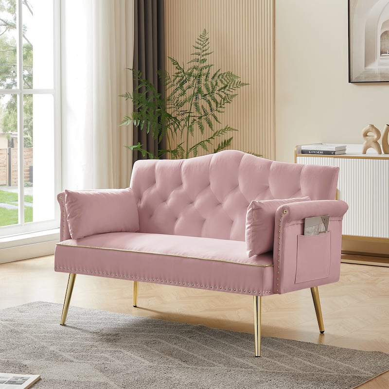 Velvet Loveseat Tufted Couch with 2 Pillow Upholstered Deep Seat Sofa Rivet Arm Lounge Couch Living Room 2 Seater Couch