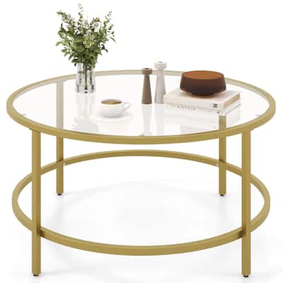 Costway 36'' Round Coffee Table Tempered Glass Tabletop Metal Frame - See Details