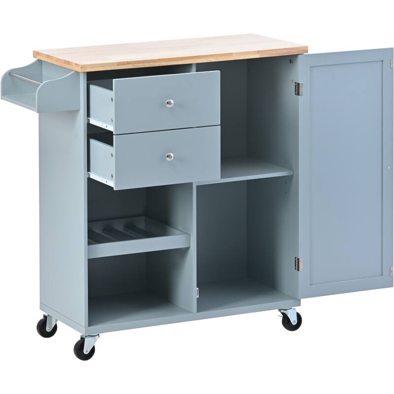 41.3 in. W Kitchen Island Rubberwood Top on 4 Wheels with 2 Drawers and Large Storage Cabinet