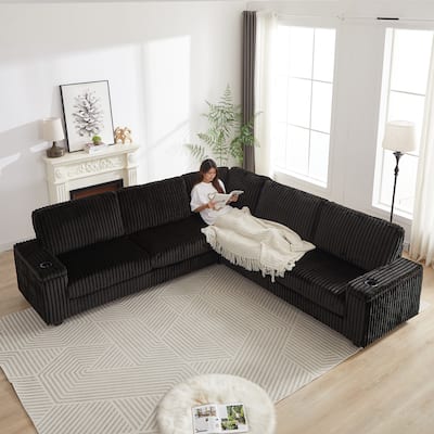 Black 110" Oversized Corduroy Upholstered L-Shaped Corner Sectional Sofa with Storage Armrest, Cup Holder, USB & Type-C Ports