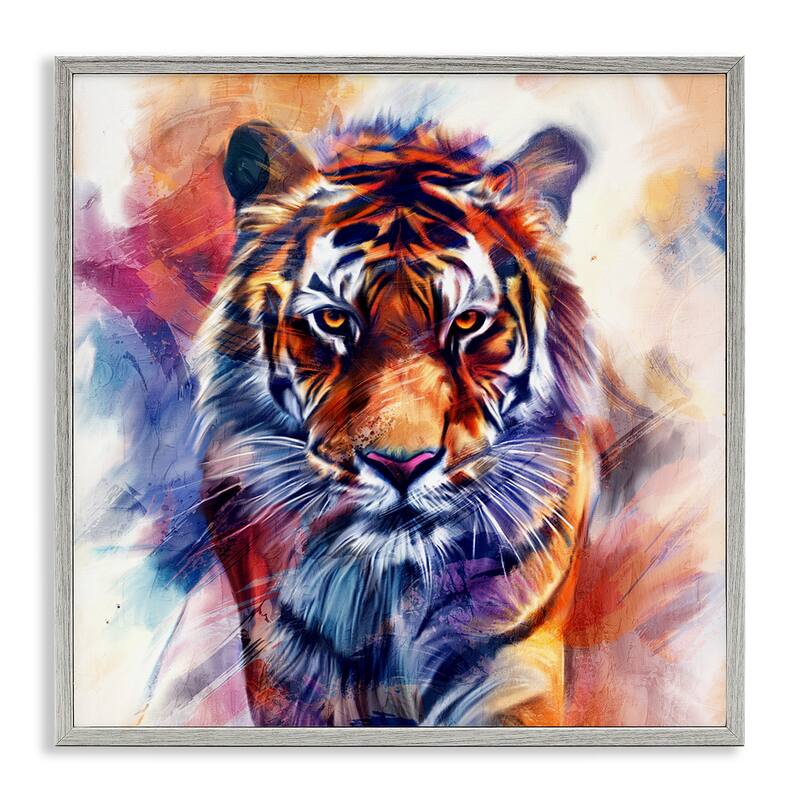 Stupell Fierce Vibrant Tiger Framed Giclee Art Design By Kim Allen - 17 x 17 - Grey