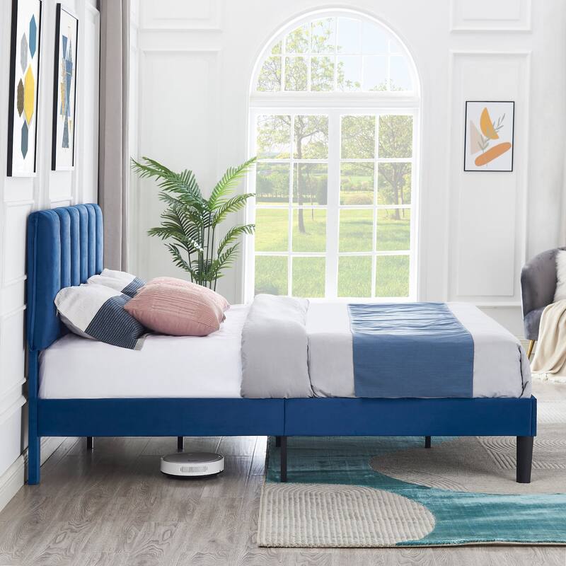 VECELO 3-Pieces Tufted Upholstered Platform Bed Frame with Adjustable Height Headboard and Nightstands Set of 2, Dark Blue