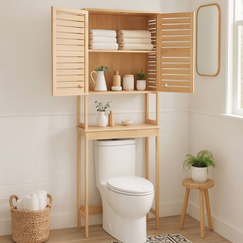 Over The Toilet Storage Cabinet with Double Vented Doors and Open Shelf, Natural - Trinidad Collection