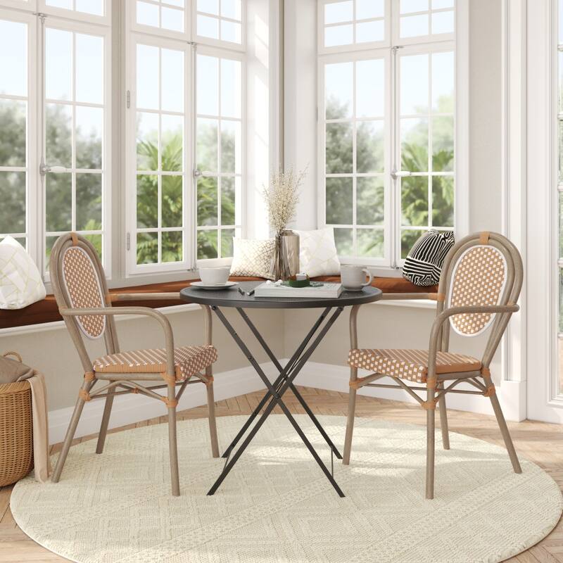 2 Pack All-Weather Commercial Paris Chairs with Arms and metal Frames - NaturalWhiteLightNaturalFrame