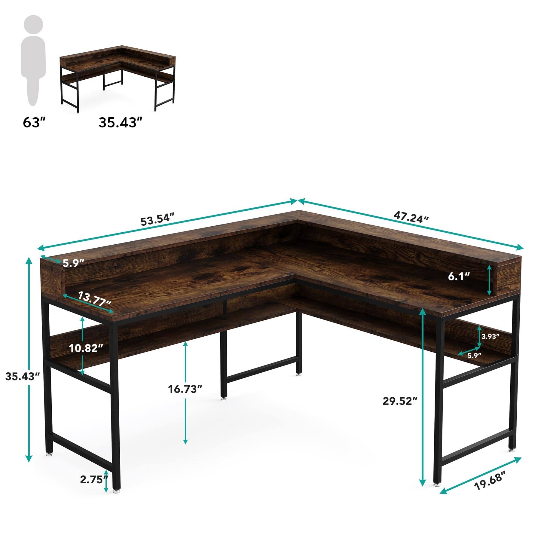 LShaped Compute Desk with Monitor Stand and Storage Shelf, Rustic