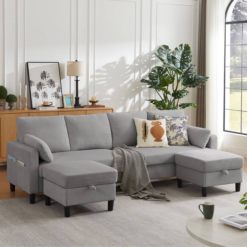 101" Corduroy U Shaped Sectional Sofa with Storage Ottoman