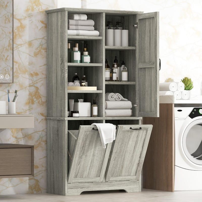 Bathroom Storage Cabinet with Doors and Drawers,Tilt-Out Laundry Hamper,Freestanding Style,Open Shelve,Adjustable Shelf