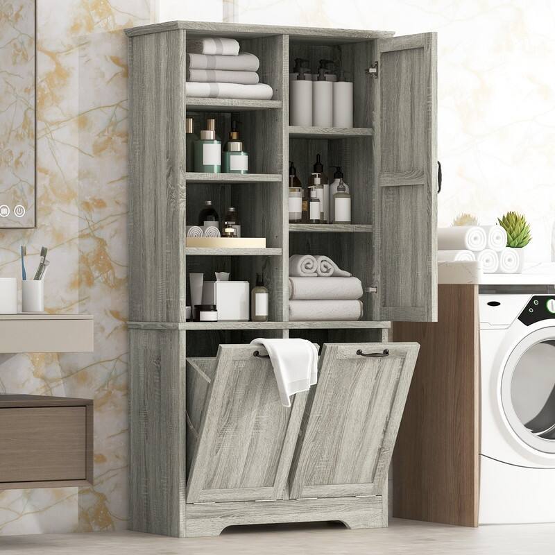 Free Standing Bathroom Storage Cabinet with Tilt-Out Laundry Baskets, Tall Cabinet with Adjustable Shelf - Oak