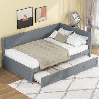 Twin Size Wood Daybed with Trundle and Guardrail, Solid Pine Frame, No Box Spring Required, Vintage Style for Bedroom, Grey