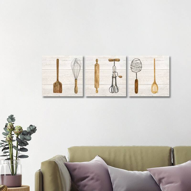 iCanvas "Vintage Kitchen Utensils Panel" by Tara Reed 3-Piece Canvas Wall Art Set - 16x48x1.5