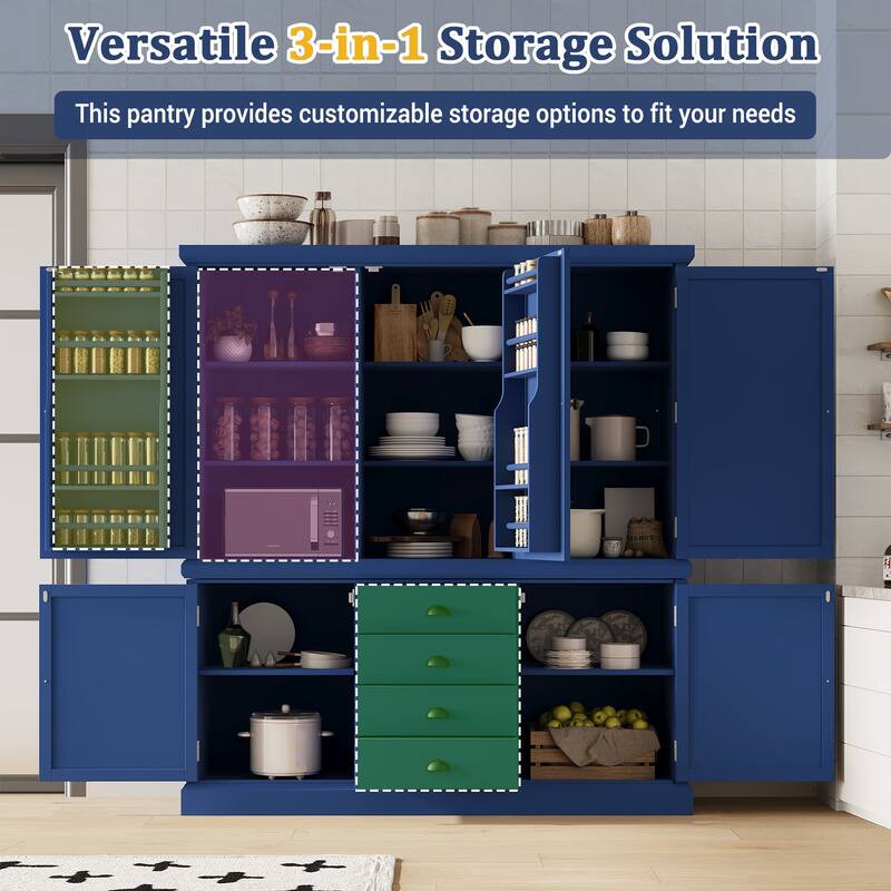 Roomfitters Kitchen Pantry Organizers and Storage Kitchen Cabinet, Hutch with Microwave Stand, 4 Drawers, Spice Racks