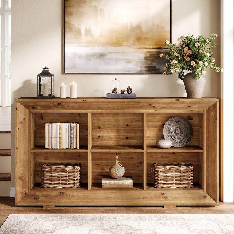63'' Solid Wood Console Sofa Table with 6 Storage Cubes for Entryway ...