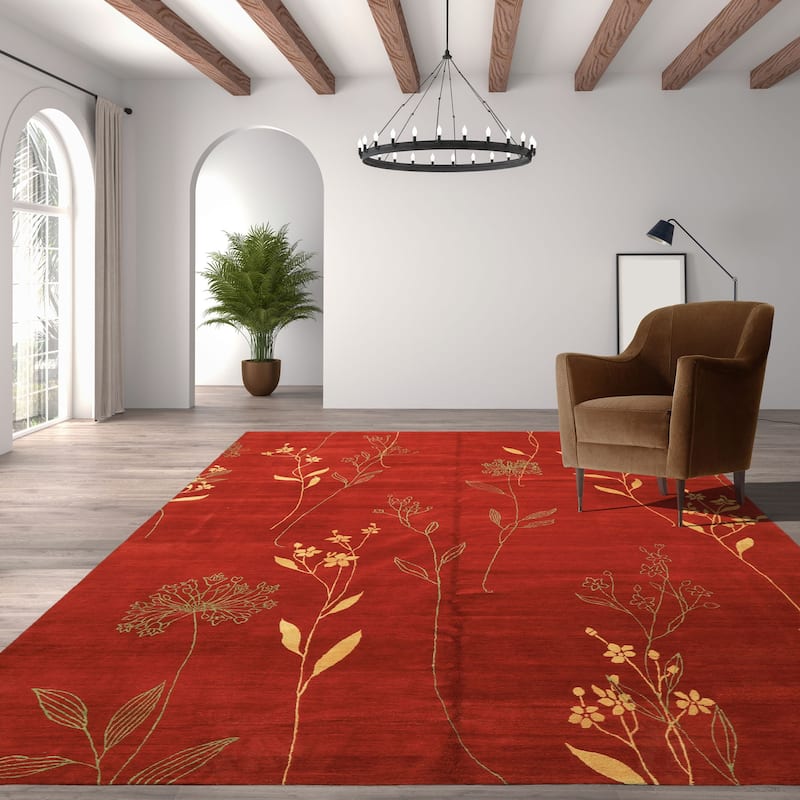 8x10 Hand Knotted Wool & Silk Red Transitional Floral Tibetan Rug - 8' x 10' - 8'  x 10'