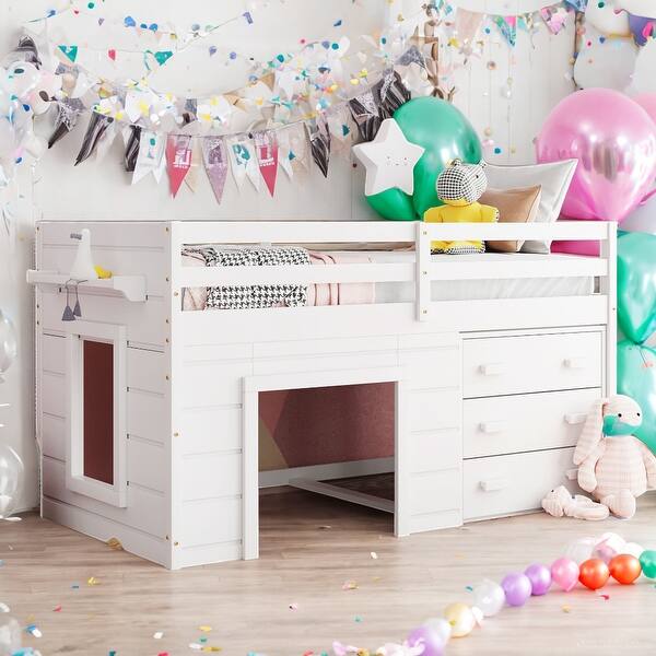 slide 2 of 27, Twin Size Loft Bed With Cabinet and Shelf,Solid Construction White