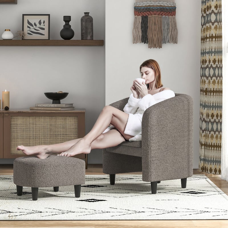Gymax Modern Barrel Chair with Footrest Soft Teddy Velvet Anti-slip