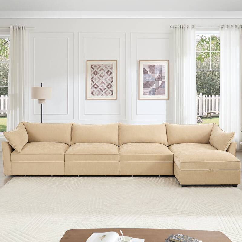 L-Shaped 4-Deep Seater Sectional Sofa Couch with 1 Movable Storage Ottoman & Pull out Drawers Under Each Seat