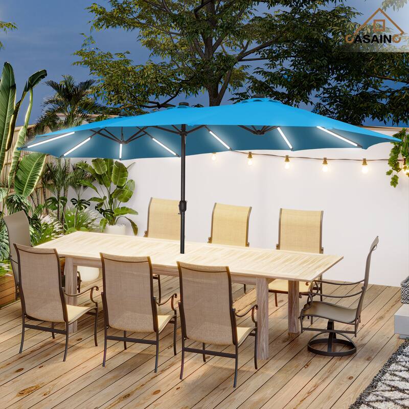 15 ft. Crank Double-sided Solar LED Ultra Lighted Outdoor Market Umbrella with Base Included