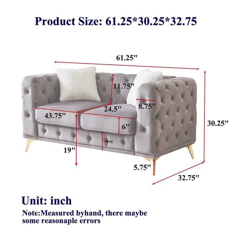 Velvet Chesterfield Loveseat Sofa, Tufted Button Upholstered 2 Seater Sofa, Lounge Sofa Chair with 2 Pillows & Metal Legs - Beige