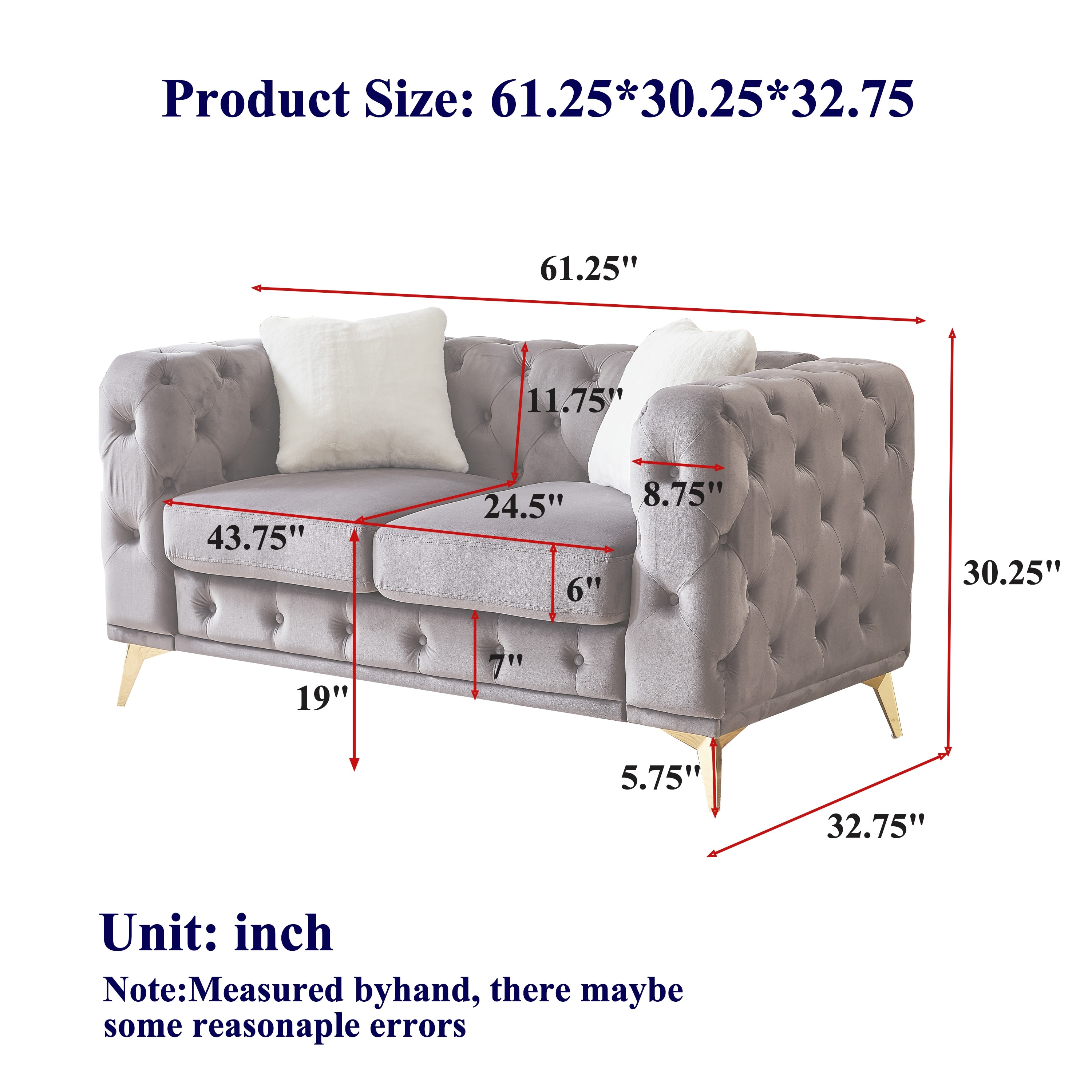 Velvet Chesterfield Loveseat Sofa, Tufted Button Upholstered 2 Seater Sofa, Lounge Sofa Chair with 2 Pillows & Metal Legs