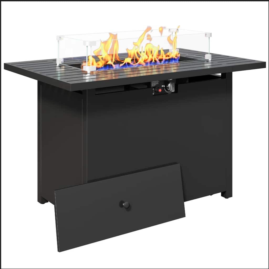 43" 2in1 Black Fire Pit Table with Lid & Glass Shield, 50000 BTU CSA Certified, Waterproof Cover