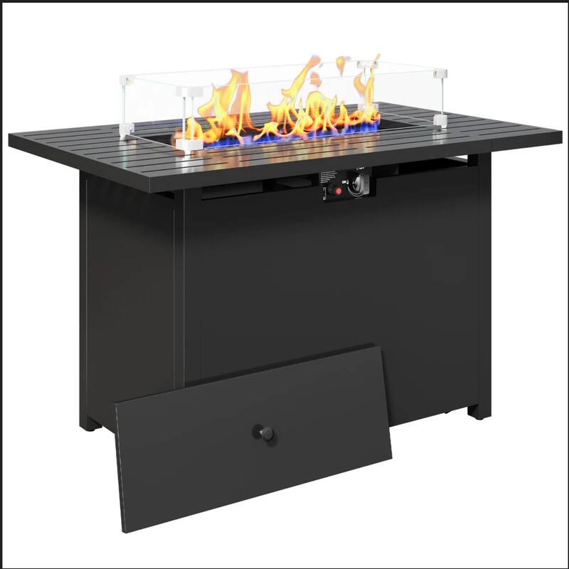 43" 2in1 Black Fire Pit Table with Lid & Glass Shield, 50000 BTU CSA Certified, Waterproof Cover
