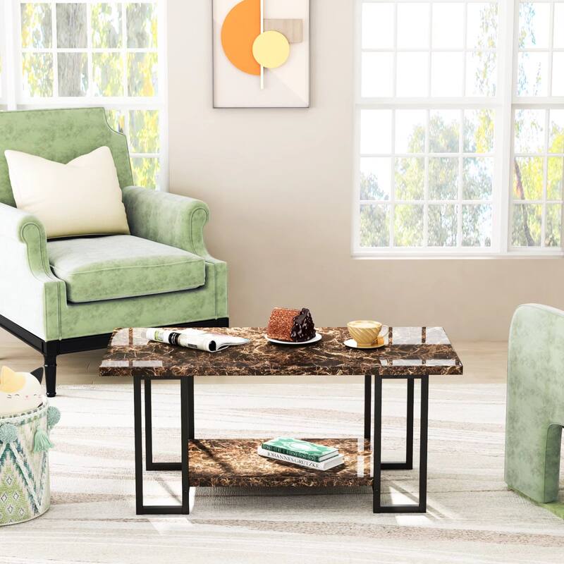 2 -Tier Rectangle Coffee Table, Black Base and Faux Marble Table top for Living Room, Double Metal Leg Design
