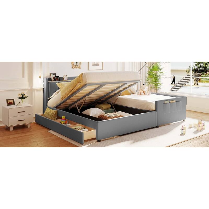 Queen Size & Twin XL Size Platform Bed with Hydraulic Storage System & USB Ports