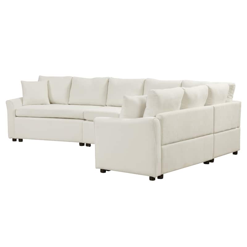 124.8'' Convertible L-Shaped 6-Seater Sectional Sofa with USB Ports, Power Outlets, Pull-Out Bed, and Two Back Cushions