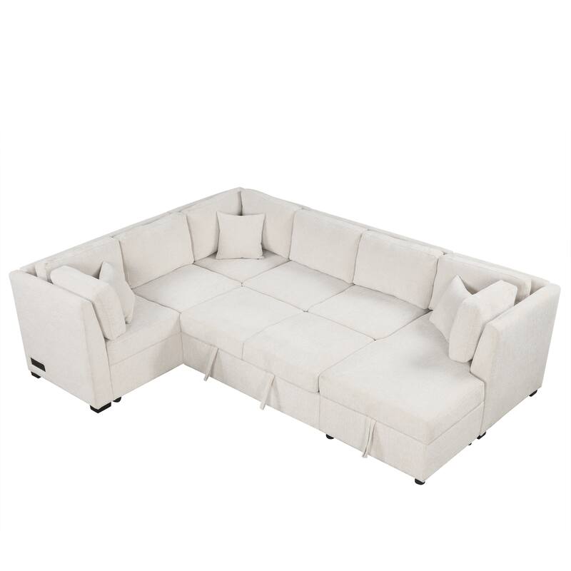 108.6" U-shaped Sofa Bed with USB, Power, Storage, Beige Chenille