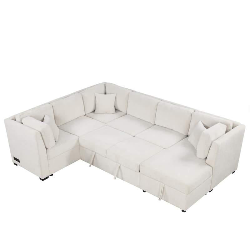 Roomfitters 108.6" U-Shaped Sectional Sofa Pull-Out Sofa Bed with USB Ports, Power Sockets, Back Pillows, Beige