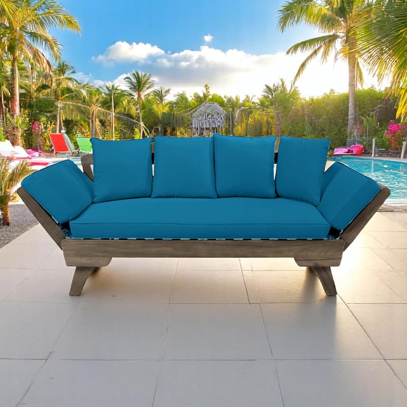 Outdoor Daybed Sofa, Acacia Wood Frame with Cushions, Expandable Design Patio Lounger for Garden, Balcony, Deck or Backyard