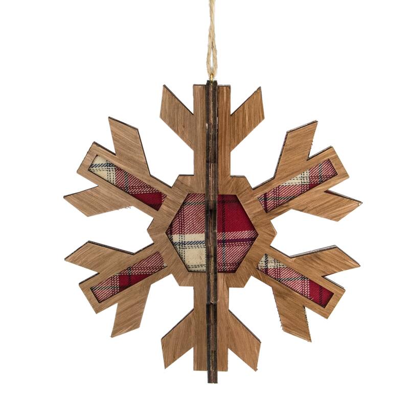 Faux Wood and Plaid 3-D Starburst Snowflake Christmas Ornament - 7" - Brown and Red