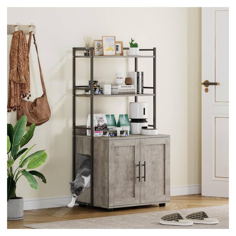 Cat Litter Box Enclosure,2-in-1 Hidden Cat Washroom Furniture - Grey