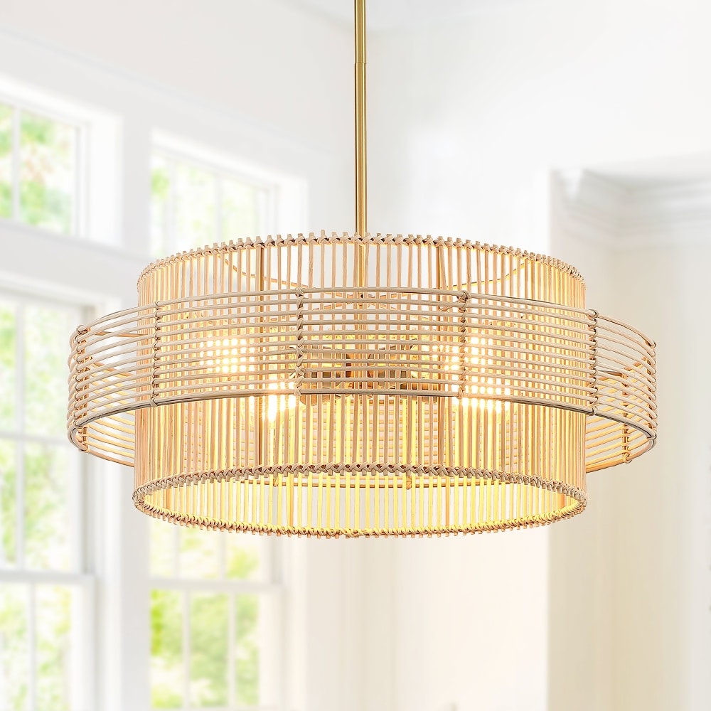Saturn 4 Light Modern Bohemian Chandelier with Natural Rattan Shade 22 in. W On Sale Bed Bath Beyond 37061807