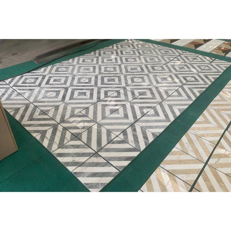 Roomfitters Waterjet Marble Tile for Floor and Wall, Polished Natural Stone, Genuine Marble, 8-Piece Box, White Gray