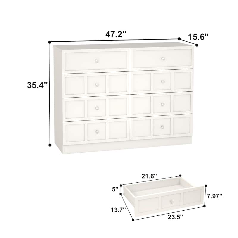 8 Drawer White Dresser, Modern Wood Storage Cabinet with Wide Top, Bedroom Chest Organizer