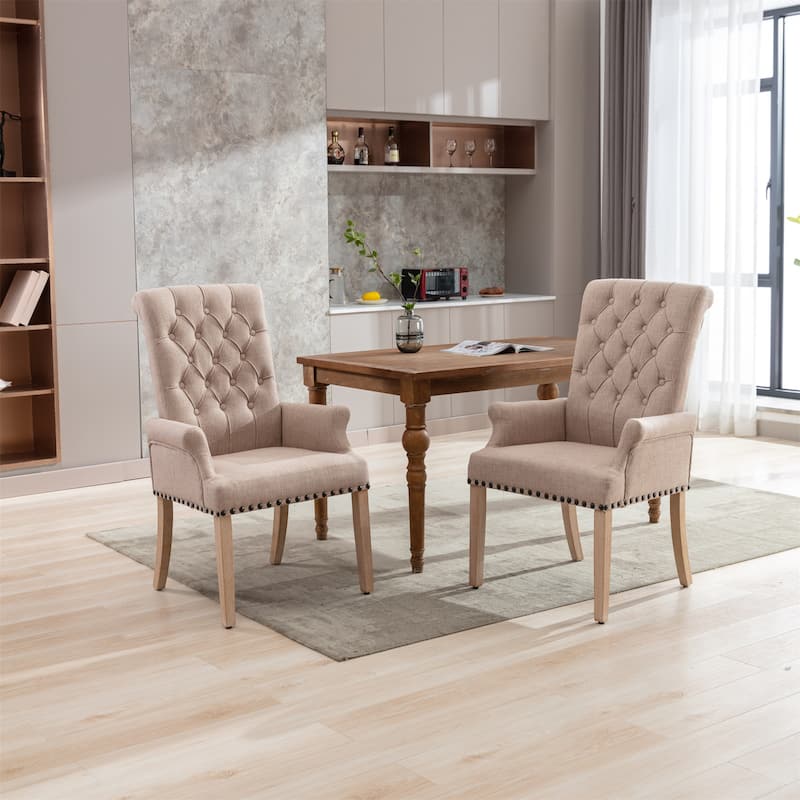 Fabric Upholstered High Back Arm Dining Chair with Oak Wood Legs